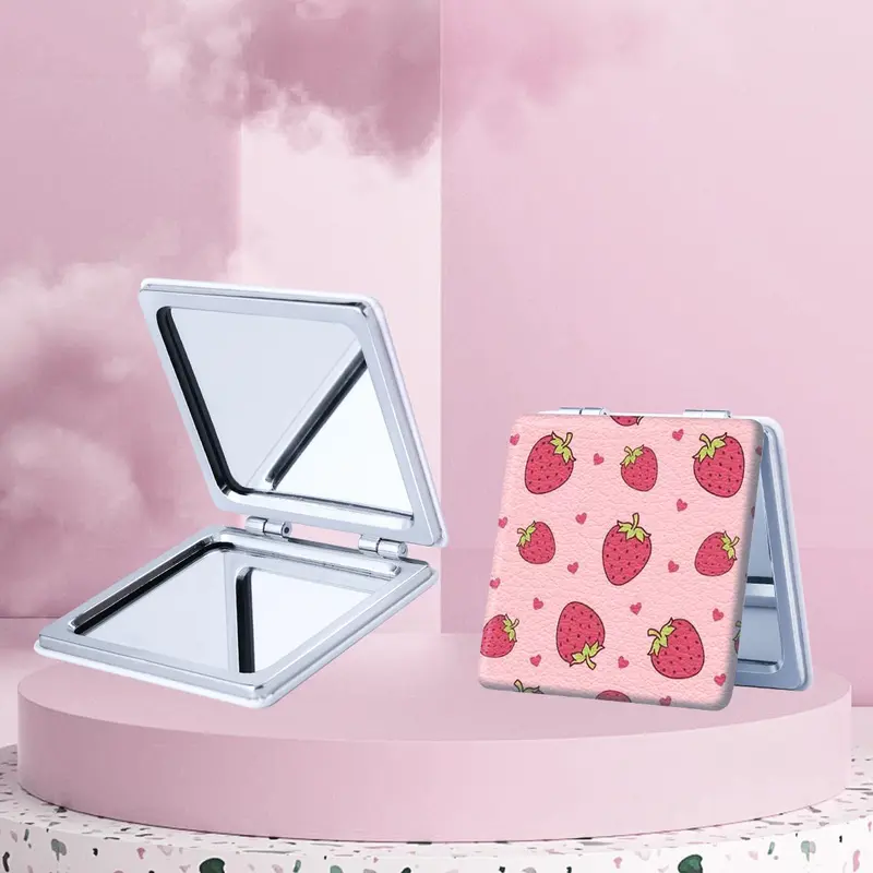 Strawberry Pattern Makeup Mirror, 1 Count Portable Folding Handheld Mirror, Compact Mirror for Travel, Daily Holiday Birthday Wedding Gift for Women 3