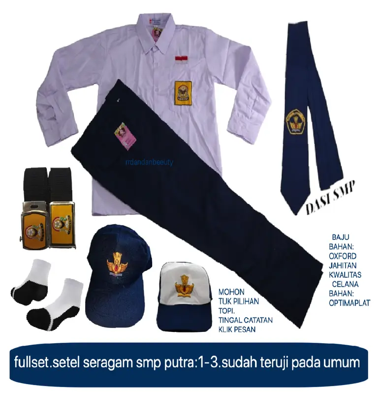 Set Komplit Baju Putih Panjang & Celana Biru Panjang SMP Kemeja Setelan Fashion 0