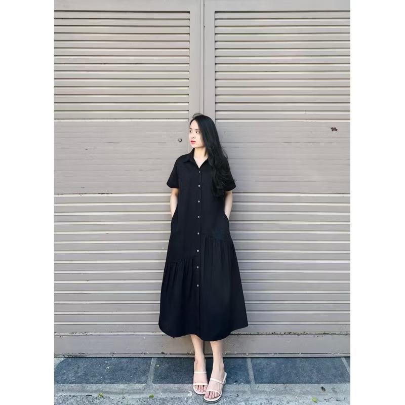 Bigsize 60-140kg đầm dài xuông đen kiểu sơ mi dáng đuôi cá nhẹ