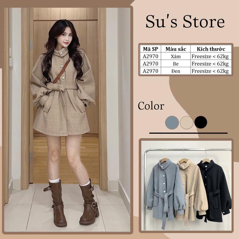 Áo Khoác Dạ Ép Cổ Bẻ Tay Bồng Cúc Ngọc Kèm Đai A2970 Susstore Top Thời Trang Nữ Jacket