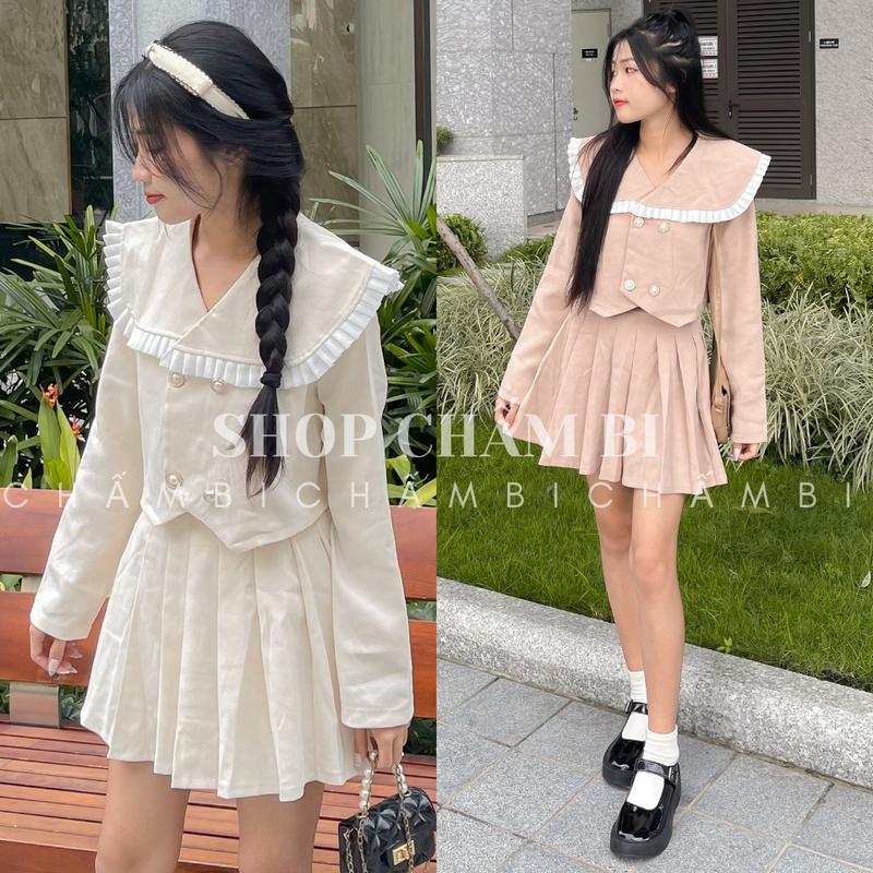 Set đồ nữ đi chơi S.102, Set áo croptop cổ thủy thủ viền trắng kèm chân váy xếp ly dáng ngắn cách điệu - Shop Chấm Bi