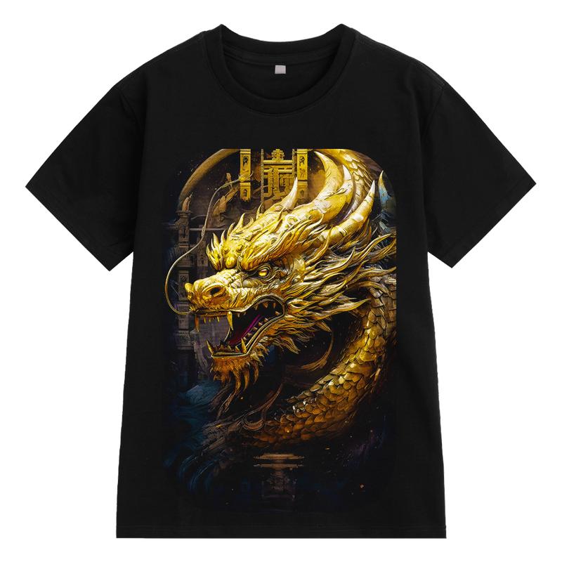 Áo Thun Nam Nữ Cổ Tròn Tay Ngắn Big Size Cotton 100% Đen In Hình Rồng