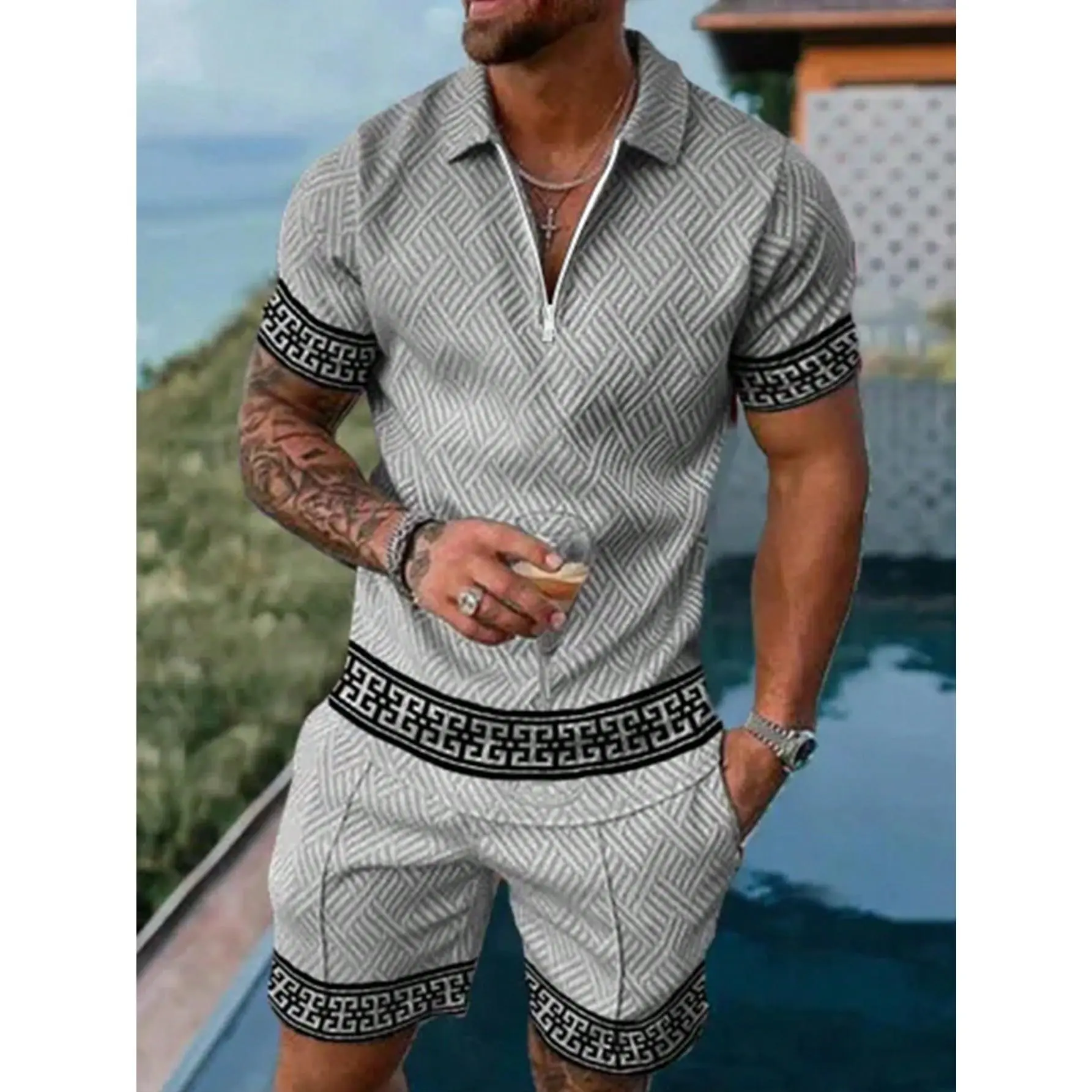 1 Set Men's Sports & Casual Jacquard Printed Polo Shirt With Shorts, Summer Clothes Menswear