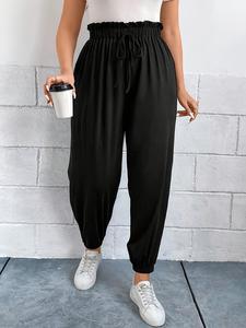 【Plus Size】 Solid Paper Bag Waist Drawstring Waist Pants, Casual High Waist Trousers for Daily Wear, Women's Bottoms for Spring & Fall