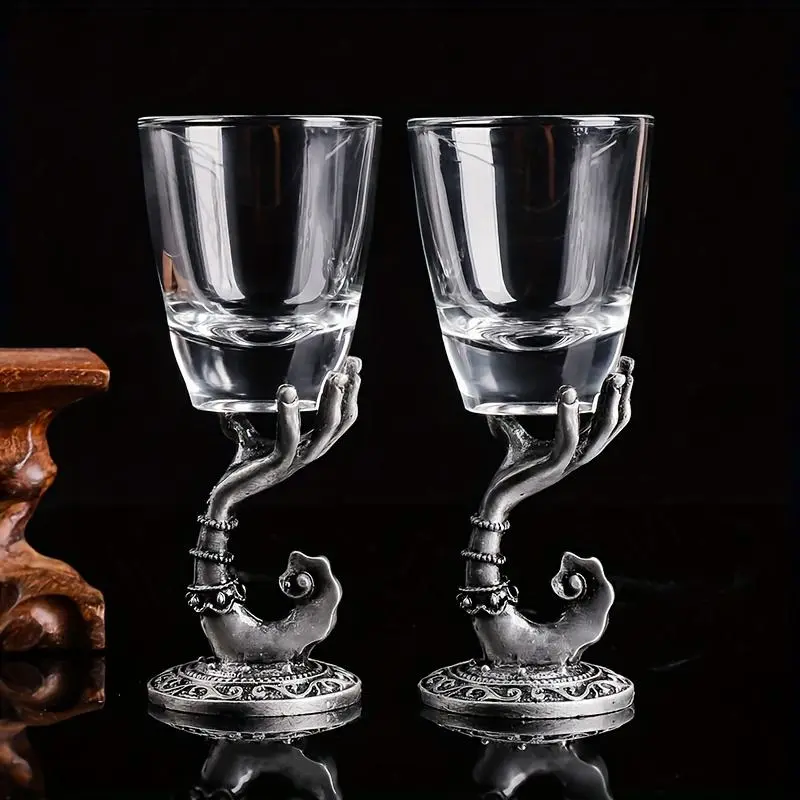 Vintage Glass Wine Goblet, 2 Counts/set Creative Hand Design Glass Cup, Drinking Cup for Home Kitchen Party Wedding, Brandy Glass