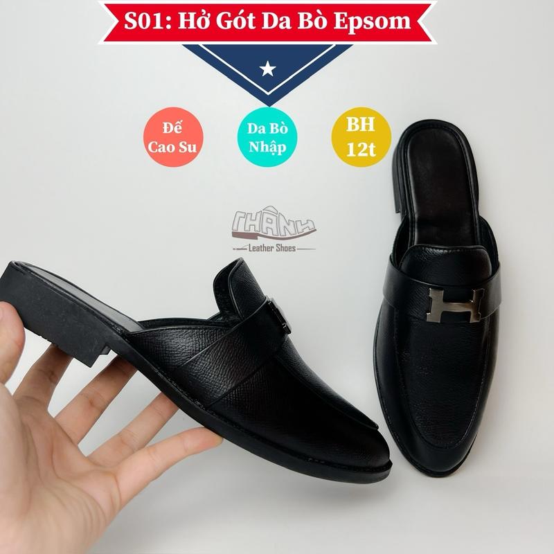 S01: giầy hở gót giầy sục Nam Da Bò Epsom màu đen , Đế Cao Su , Trang Trí Mác Inox. Bền Bỉ Trẻ Trung Sang Trọng Đi Hàng Ngày Thoáng Mát Tiện Dụng . Hàng Thủ Công . Len DéP
