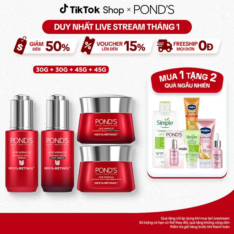   1  Bộ Skincare 2 Serum và 2 Kem Dưỡng Ngày & Đêm Pond's Age Miracle Hỗ Trợ Mờ Đốm Nâu Nếp Nhăn với 50X Hexyl-Retinol 30G+30G+45G+45G Nữ 