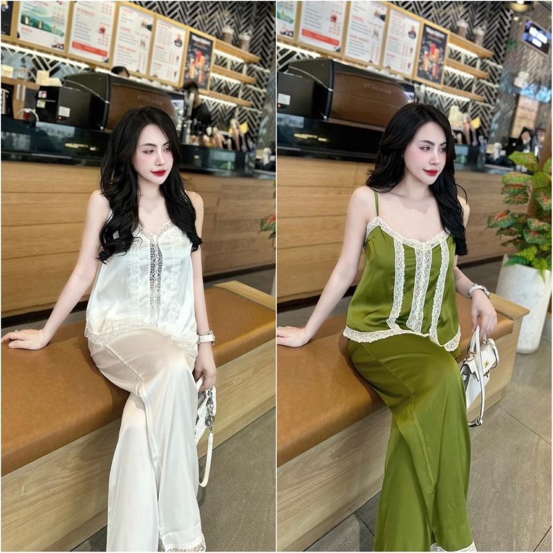 Sét bộ hai dây quần dài phối ren vàng kim chất lụa latin siêu mềm mịn mát đính nút ngọc sang xỉu Áo Nữ Hồng Women Top