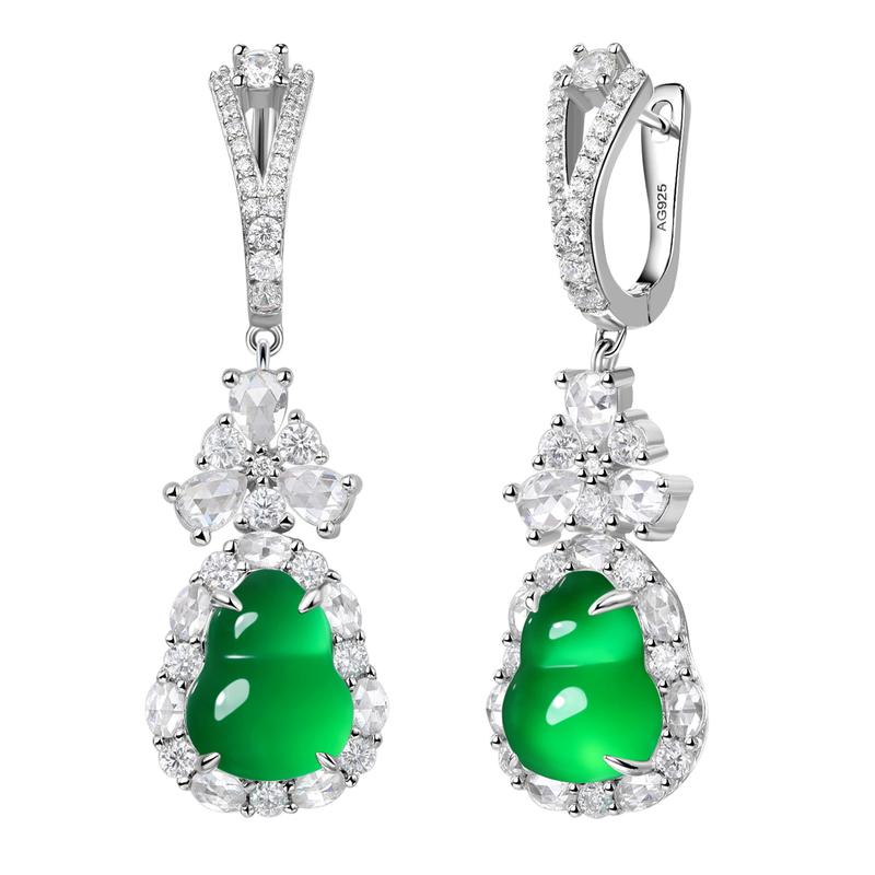 Product Introduction of S925 Silver Inlaid Diamond Green Chalcedony Gourd Ear Hook High-Grade Women's Earrings JU8527 1