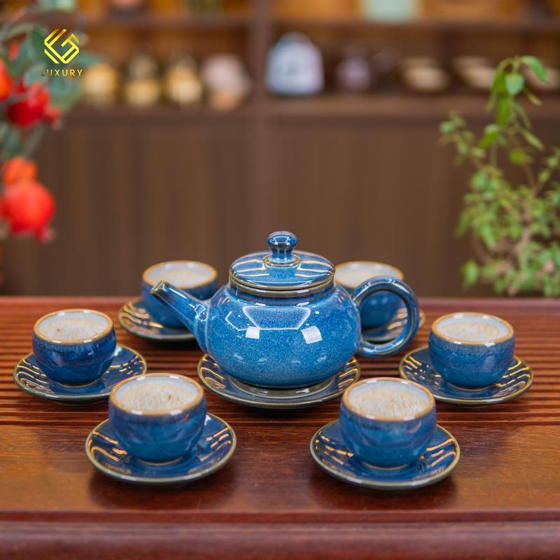Bộ Ấm Chén Dáng Tần Quyền Hoả Biến Xanh Tia Nghệ Nhân Trịnh Yên - Ấm Chén Bát Tràng - Gốm sứ Luxury làm bằng tay có tay cầm bộ thưởng trà