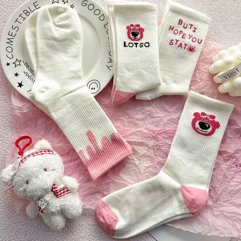 Pink Bear Cartoon Cute Sweet College Style Autumn Winter Stockings Women 6