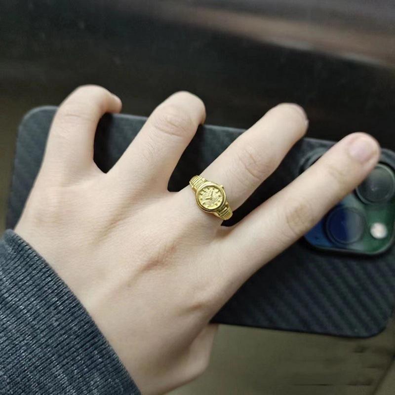 Đồng Đồng Hồ Nhẫn Ngón Tay Mini, Thiết Kế Sáng Tạo, Có Thể Điều Chỉnh, Phong Cách Cổ Điển, Được Làm Bằng Hợp Kim, Với Vỏ Đồng Đồng Hồ 4