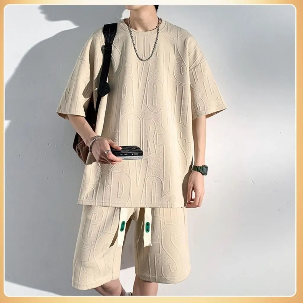 Bộ quần áo nam cộc tay chất xốp vân chữ nổi form rộng chuẩn ảnh siêu đep Menswear Sơ Mi Shirt