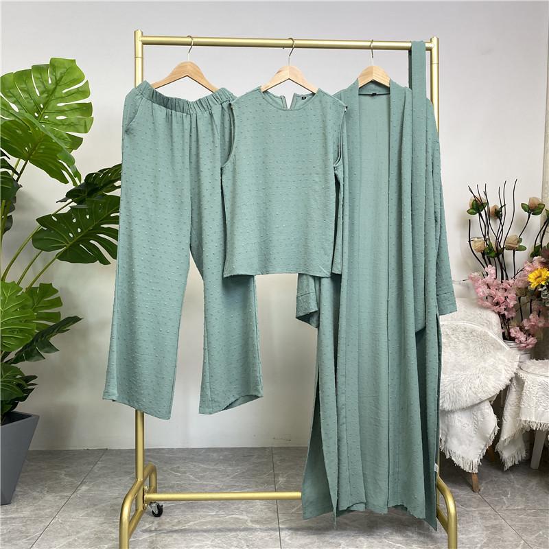 Product Introduction of Robe Three-Piece Set Long Cardigan Sleeveless Top and Pants with Pockets Muslim Islamic Clothing 1958 28