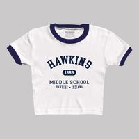 Gambar Seishin Kaos Crop Top Ringertee Hawkins 1983 Middle school T-shirt wanita lengen pendek Atasan - Putih lis maron, S dari SEISHIN_NEW Kab. Cirebon 1 Tokopedia