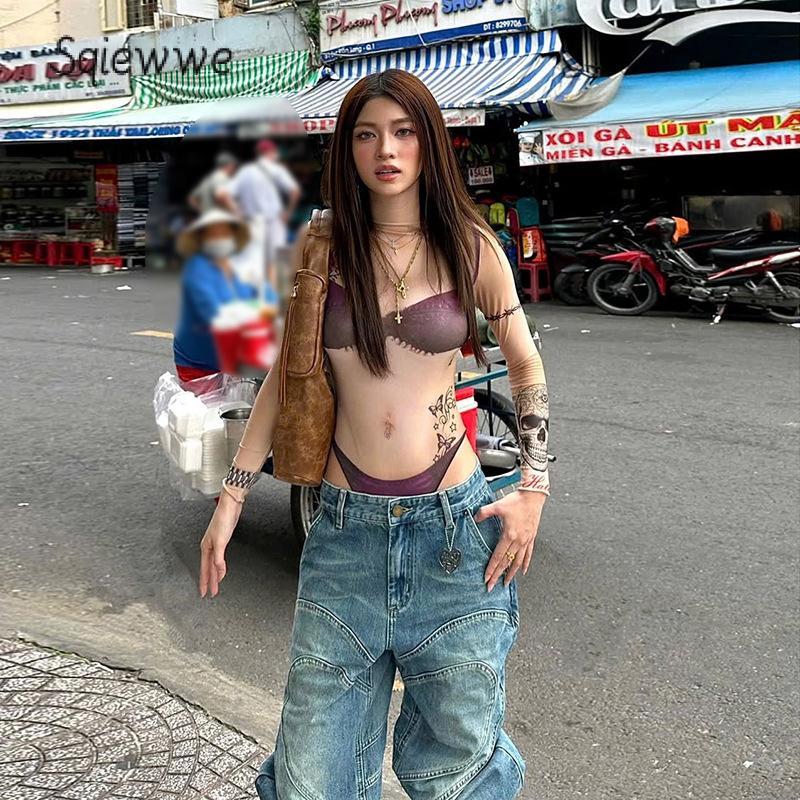 Áo Liền Quần Nữ, Tay Áo Dài, Cổ Thuyền In Hình Bikini Giả, Áo Liền Quần Vừa Vặn, Trang Phục Đi Club 1