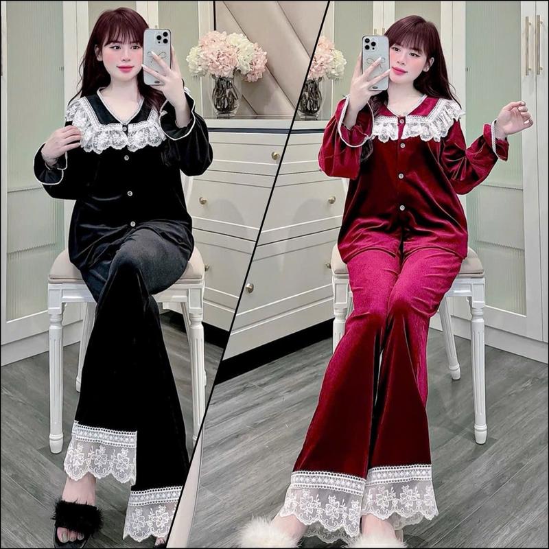 Bộ Ngủ Tiểu Thư Vải Nhung Qc Màu Trơn Thiết Kế Cổ Bèo Ren Trắng, Tay Bồng Tiểu Thư, có 2 màu lựa chọn(đen-đỏ), quần có túi, free size 40-63kg Women