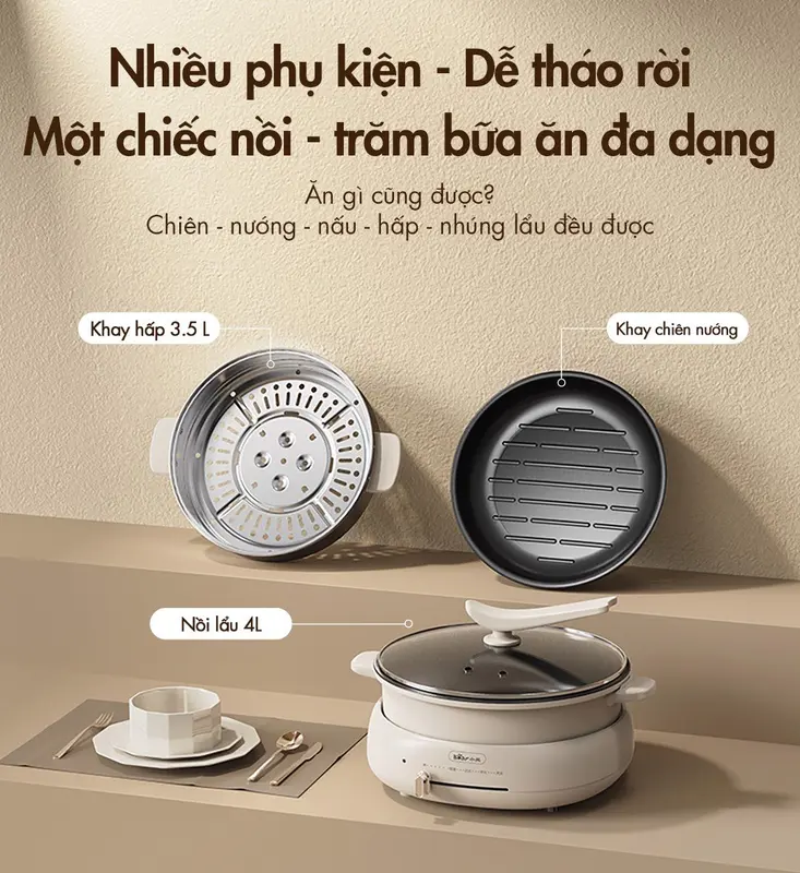 [HẤP-LẨU-NƯỚNG] Nồi Lẩu Nướng Bear 3 Khay DHG-C40W2, Dung Tích Lẩu 4L, Công Suất 1500W, Khay Lẩu/Hấp/Nướng, Nồi Lẩu Điện Hỗ Trợ Nấu Ăn, Chống Dính, Xửng Hấp To, Chiên/Xào/Nấu/Nướng Đều Được, Có Thể Để Nồi Khác Lên Nấu, Bảo Hành 18 Tháng Nồi Điện bếp  lẩu 4