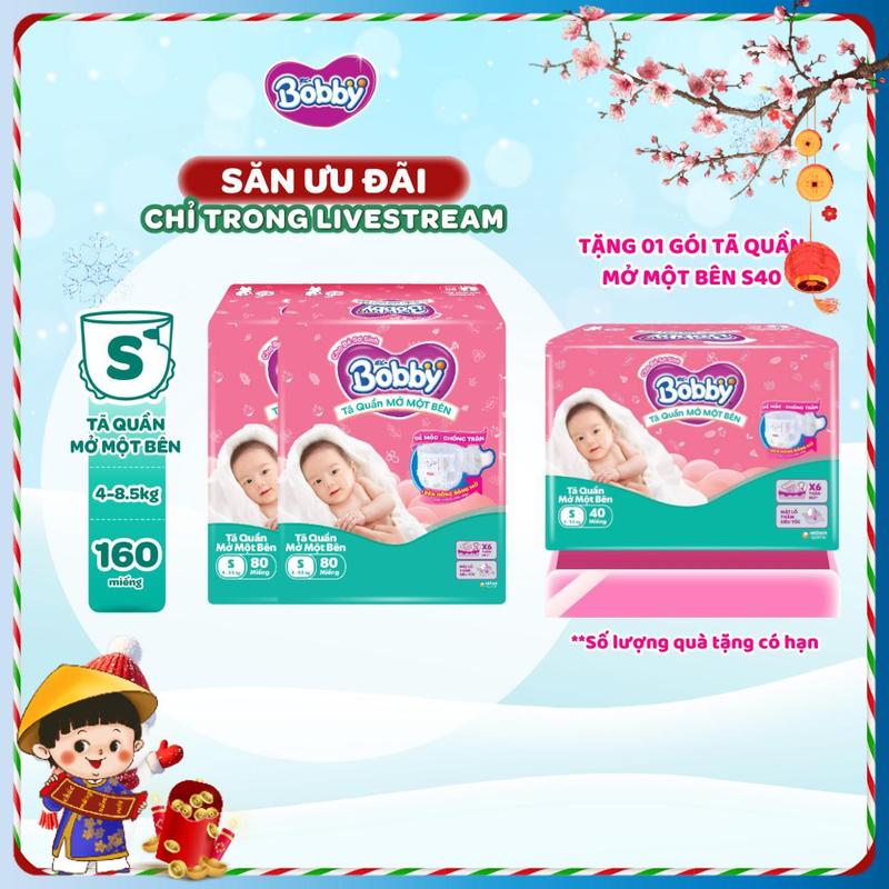 KOL COMBO 2-TẶNG TQMMB S40 Bobby Tã bỉm quần Mở Một Bên size NB70+6 S80 S-M 62 miếng