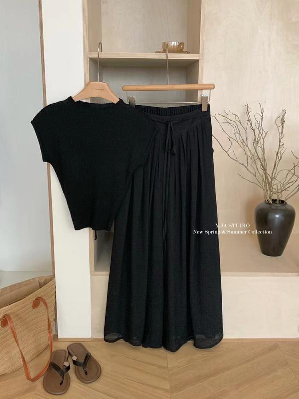 Quần ống rộng nữ vải đũi tơ mềm mướt ullazang cạp chun sau buộc dây sang trọng. Pants Voan 8