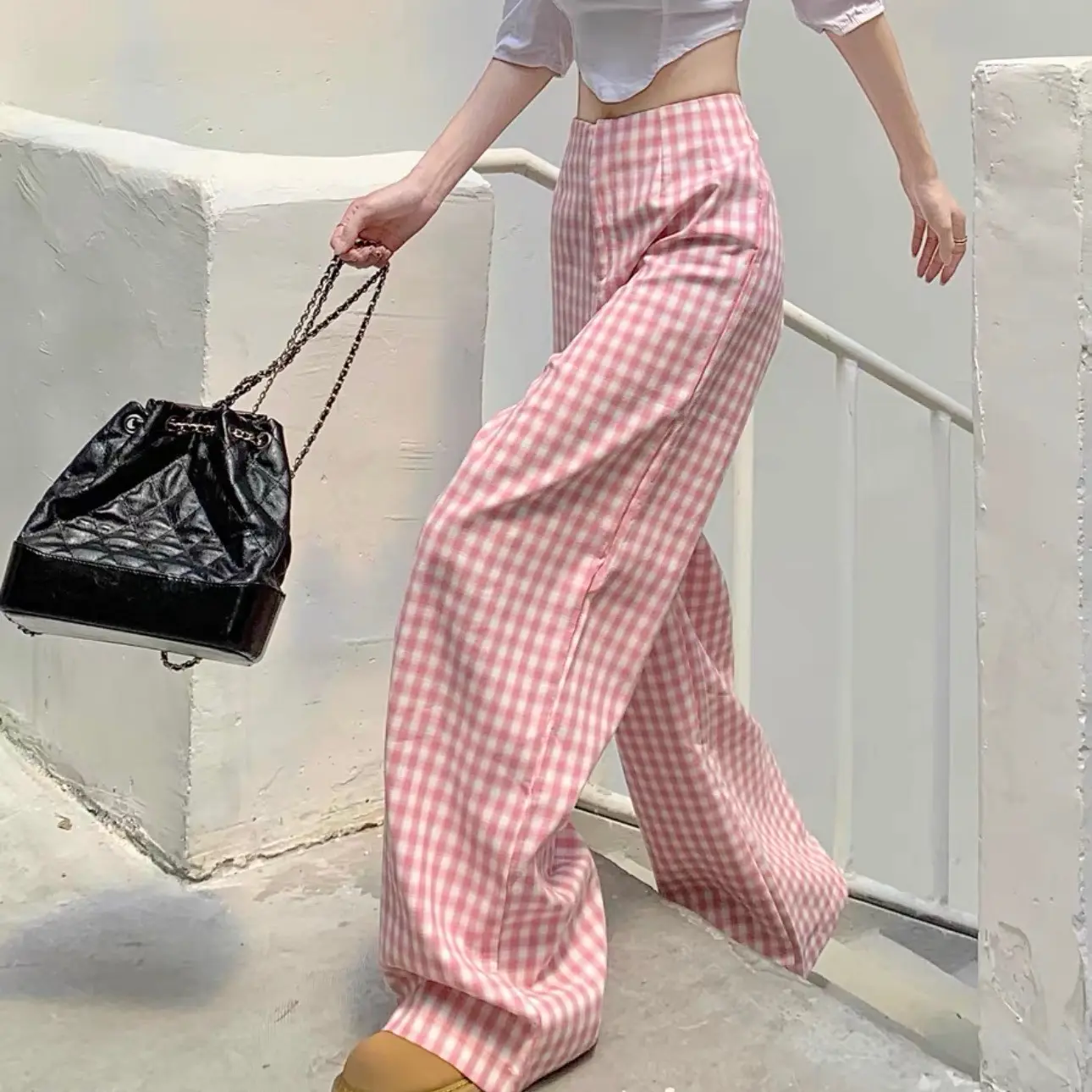 (HQCC) Quần kẻ ống rộng chất mềm mát khoá sau | BigBuy360 - bigbuy360.vn