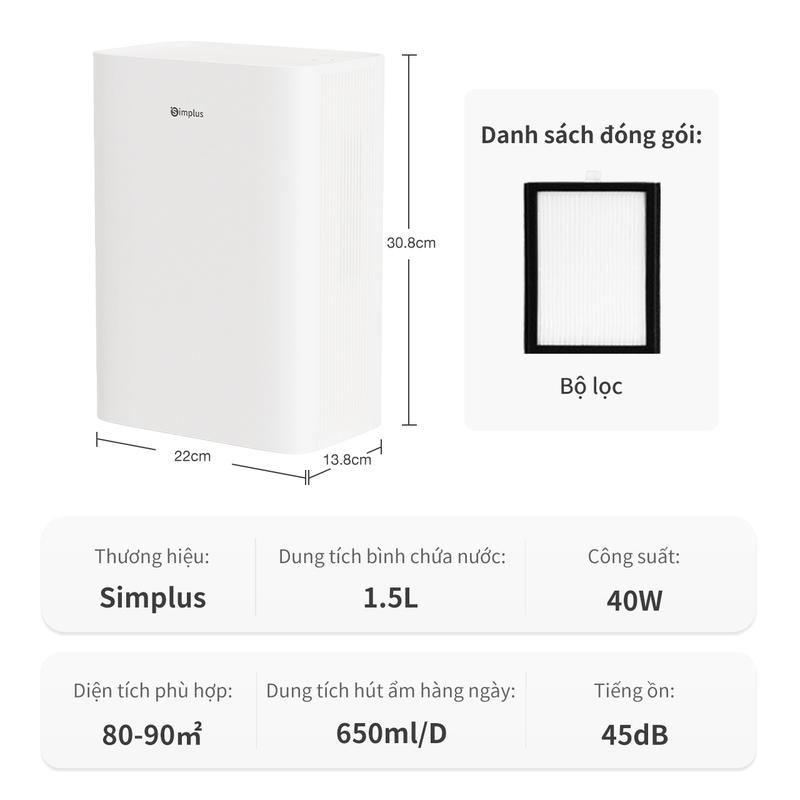 Product Introduction of SimplusVN Máy Hút Ẩm và Lọc Không Khí PM2.5 CUSH005, Công Suất Hút 650ml/ngày,  Bình Chứa Nước 1.5L, Vừa Hút Ẩm Trời Nồm, Vừa Lọc Không Khí, Bụi Mịn, Bảo hành 1 năm chỉ đổi không sửa 21