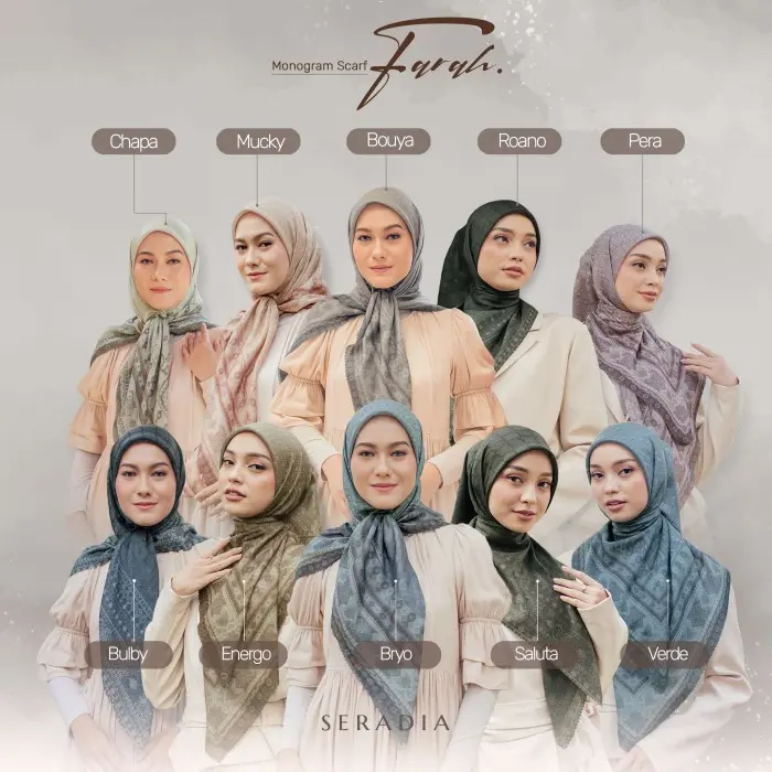 Scarf Segi Empat Seradia Farah Monogram Jilbab Lembut