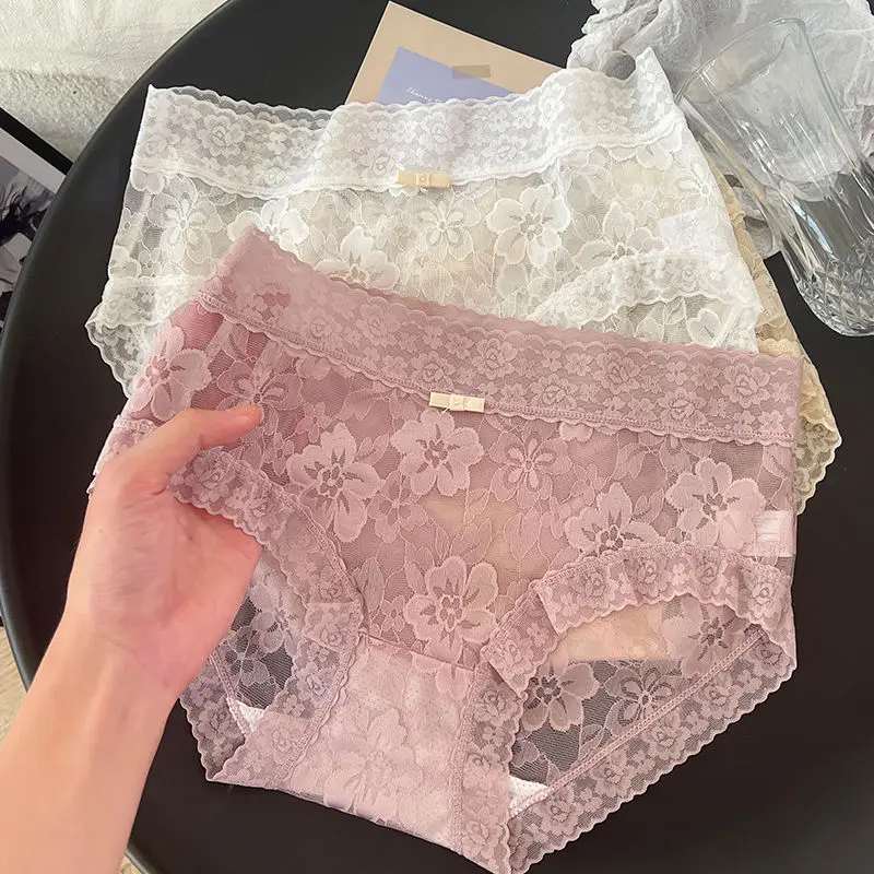 Quần Lót Ren Phong Cách Pháp Dành Cho Nữ, Thiết Kế Gợi Cảm, Liền Mạch, Kháng Khuẩn, Đáy Quần Cotton, cạp vừa, Thân Thiện Với Làn Da, Thoáng Khí, Đồ Lót Trong Suốt, Hàng Mới Về Women Voi