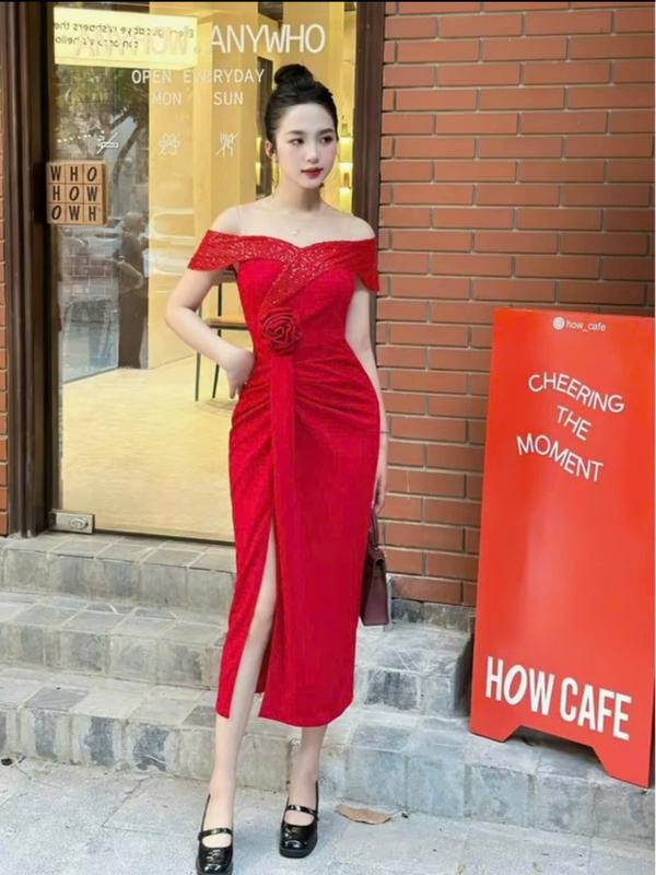  b32 Váy thiết kế cổ tròn ngắn tay dáng dài eo xếp li che khuyết điểm bụng to xẻ tà gấu váy đầm dự tiệc  sang chảnh 