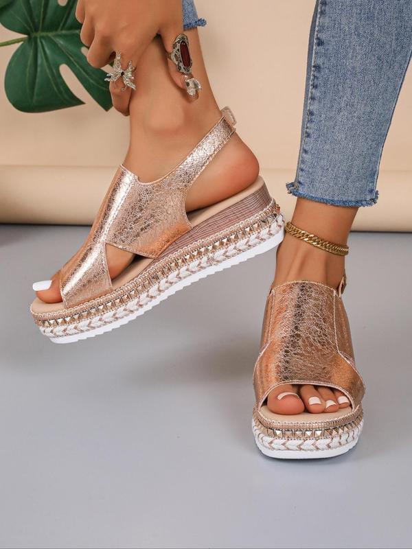 Women's Fashionable Solid Color Wedge Sandals, 1 Pair Casual Versatile Hollow out Design Buckle Decorated Sandals, Trendy Shoes for Summer 5