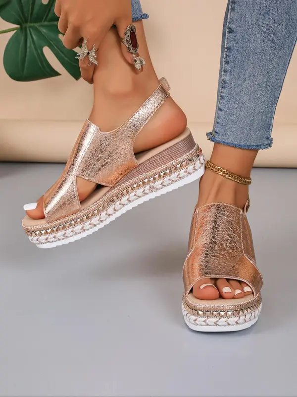 Women's Fashionable Solid Color Wedge Sandals, 1 Pair Casual Versatile Hollow out Design Buckle Decorated Sandals, Trendy Shoes for Summer 5