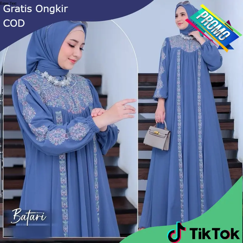 Batari Dress Gamis Wanita Terbaru Bahan Ceruty Babydoll Full Puring Aplikasi Bordir Ukuran Jumbo