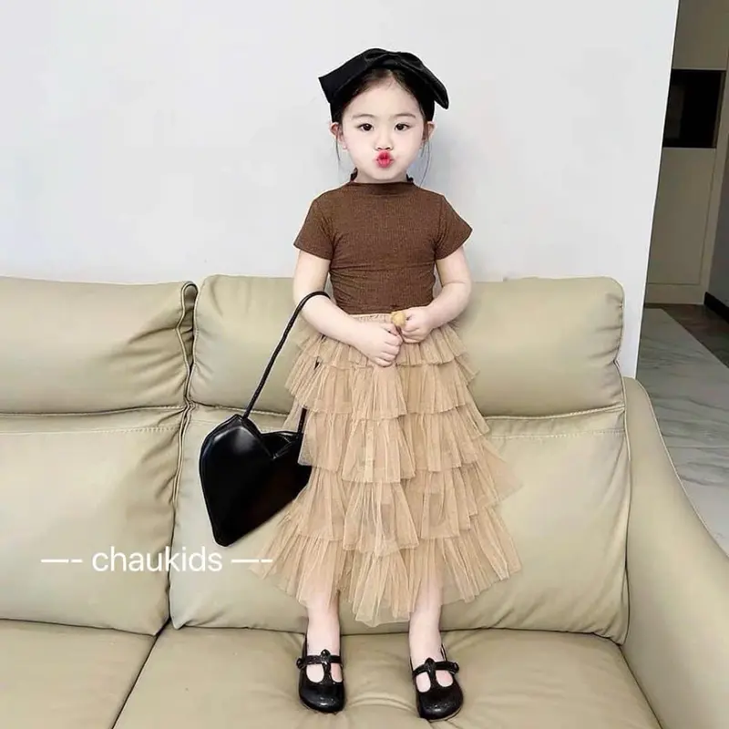 ÁO LEN TĂM KHOÉT LƯNG BUỘC DÂY KÈM CHÂN VÁY TẦNG CÔNG CHÚA (VNT) set đồ  bé gái 5