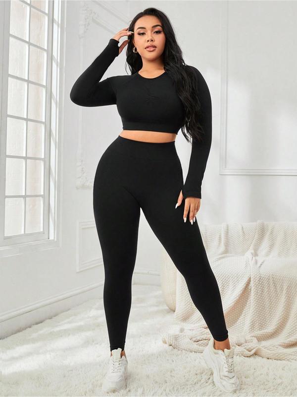 【Plus Size】 2pcs Solid Round Neck Crop Top & High Waist Leggings Tracksuit Set, Quick Drying Long Sleeve Crew Neck Top & Skinny Pants Two-piece Set, Women's Sportswear for Spring & Fall 0