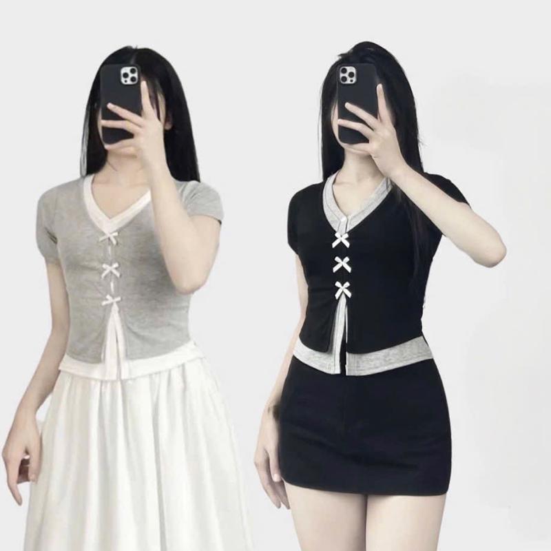Áo thun form ôm cổ tim phối 2 lớp đính nơ điệu đà 575 bigsize 45-85kg chất liệu thun tăm lạnh tay S3ngắn dễ thương S3