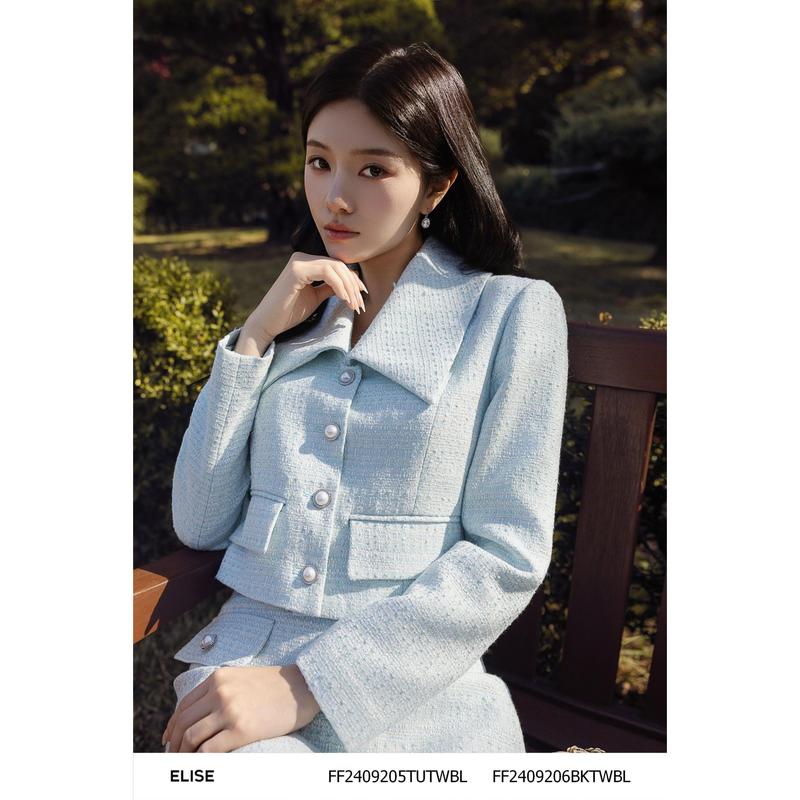 Áo vest lửng tweed xanh trắng KT thiết kế Elise mã sản phẩm FF2409205TUTWBL