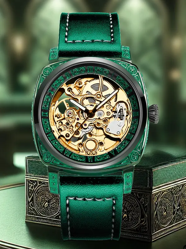 Men's Vintage Engraved Round Dial Mechanical Watch, Fashion Fully Automatic Watch for Party, Daily Decor, Trendy All-match & Exquisite Watch for Birthday Gift with Box 4