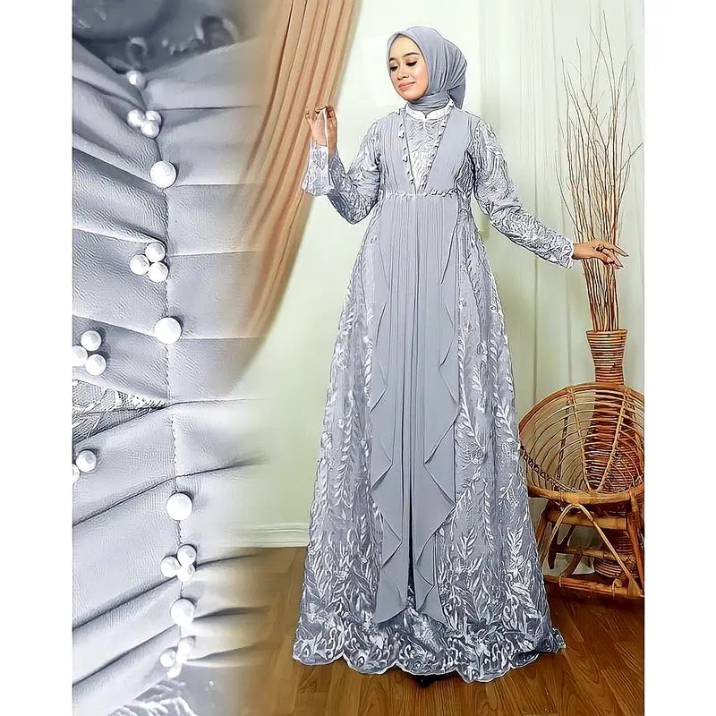 MAXI SHANIA FULL BRUKAT | M L XL XXL 3XL | GAMIS BUSUI TERBARU FASHION MUSLIM WANITA Hitam Cokelat Navy Bunga Putih 5