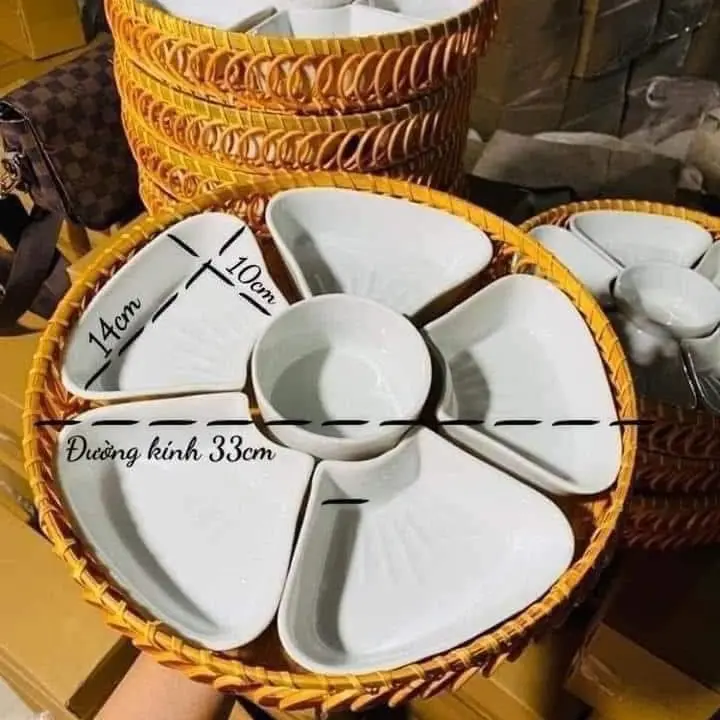 Bộ Bát Đĩa 5 Cánh Hoa Đào Sứ Bát Tràng Kèm Khay Mây Siêu Đẹp,Bộ Bát Bánh Trôi Size To 33cm, Bộ bát đĩa cúng bàn thờ Thần Tài tô tiểu 7