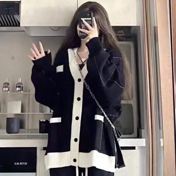 Áo Len Ngoại Cỡ Màu Đen, Áo Khoác Cardigan, Dành Cho Nữ, Mùa Thu Và Mùa Đông 2023, Phong Cách Thường Ngày Thích Hợp Cho Học Sinh, Áo Dáng Rộng Vừa Vặn, Hợp Xu hướng Women Top