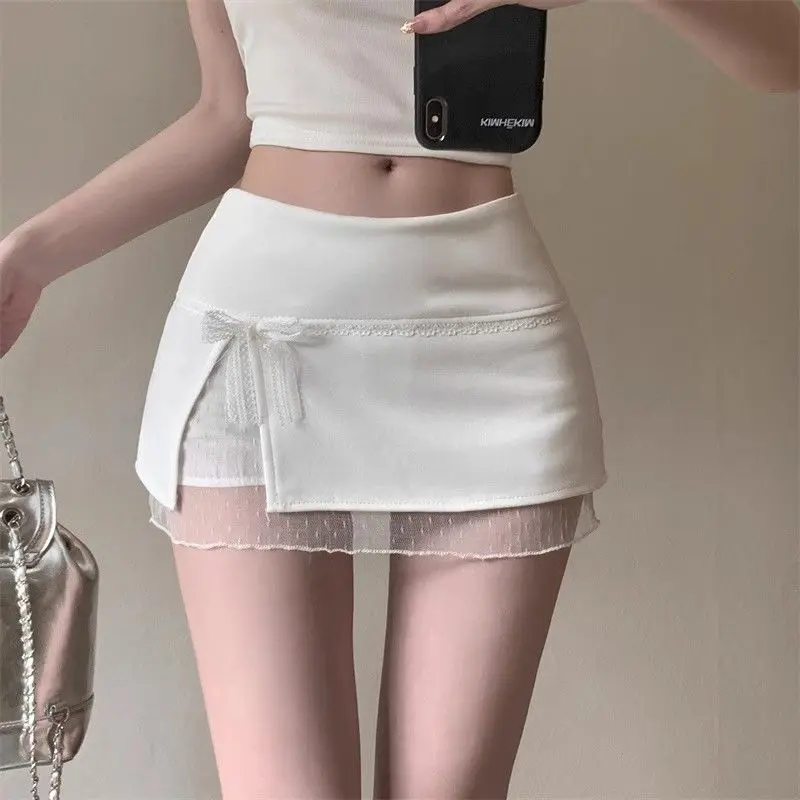 Chân Váy Chắp Vá Ren Ngọt Ngào, Chân Váy Ngắn, Dành Cho Phụ Nữ Vào Mùa Hè, Thiết Kế Thắt Nơ Trẻ Trung, Chân Váy Bodycon, Chân Váy Chữ A, Kumikumi