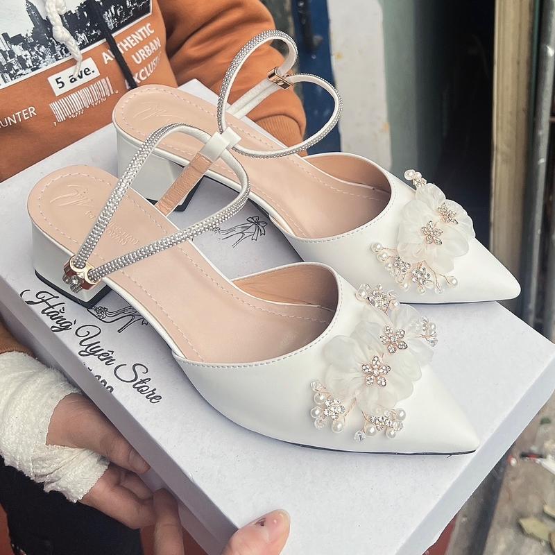 Q1 Giày cao gót cô dâu đính nơ hoa voan hậu gài Q1 Nữ Shoes Women Đế Cao - Chất liệu da cao cấp Nhung