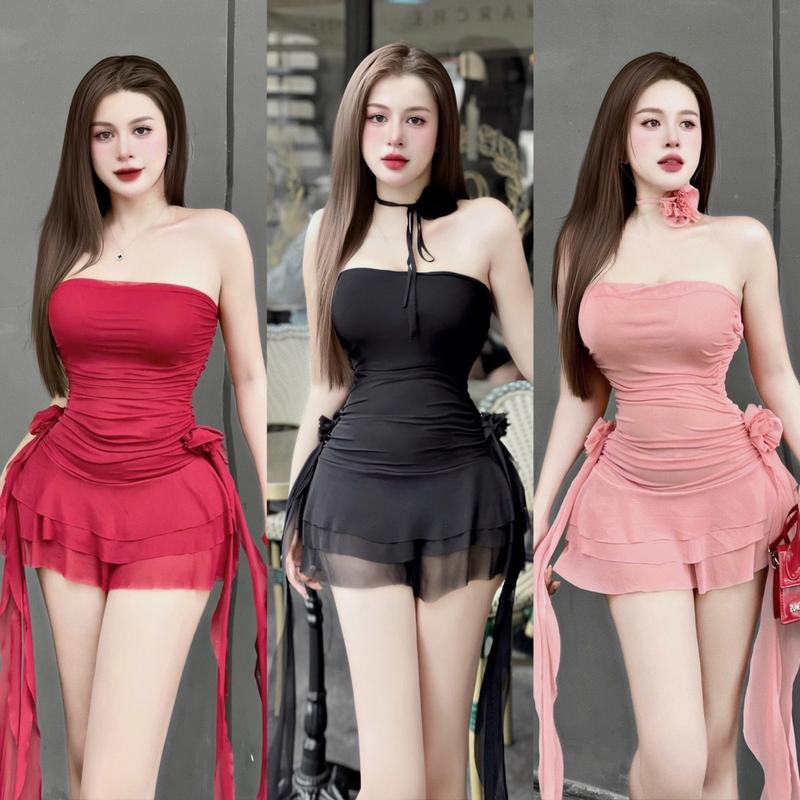 Đầm Body Cup Nguc Tua Rua Phối Hoa Hồng+Choker Hoa Cổ (Có Mut.Lot Quần) Nữ Dress Women