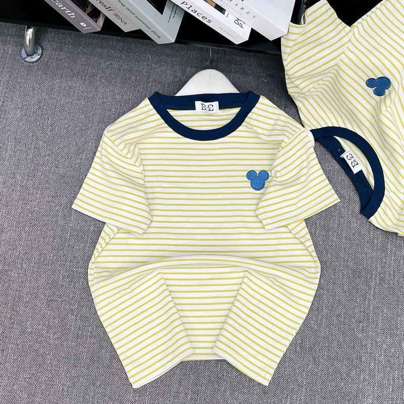 [Sọc gấu] Áo Thun Nữ From ôm vừa Sọc thêu gấu Xinh ,Cổ Tròn Phối Viền ,Tay Ngắn, Thun Bo Zip Có Giản 4 Chiều