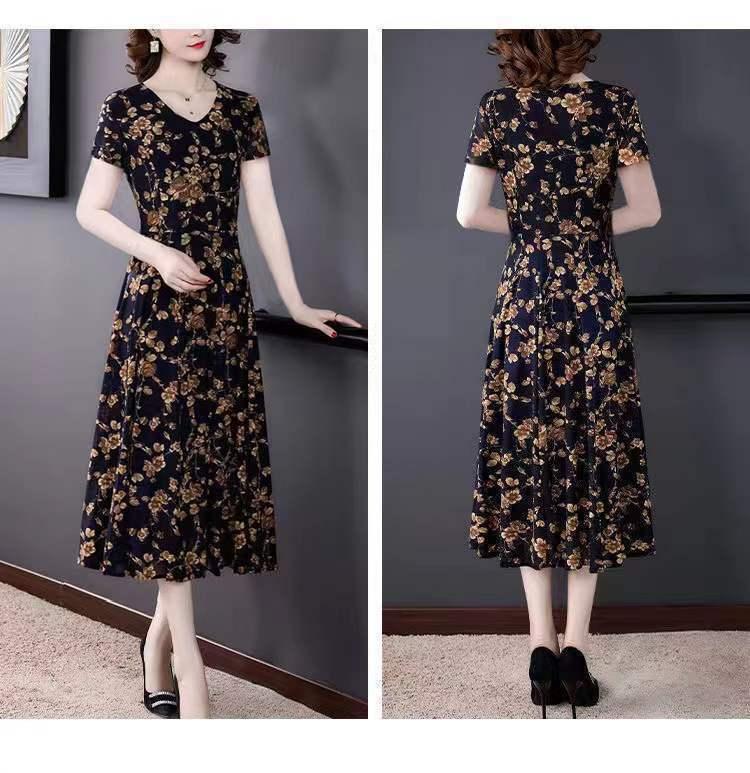 Product Introduction of Váy Hoa ngắn Tay, Thời Trang Cao Cấp, Thích Hợp Cho Mùa Thu, Ngoại Cỡ, Che Bụng, Trông Trẻ Trung, Quần Áo Cho Mẹ, Dài Trung Bình Nữ Dress 29