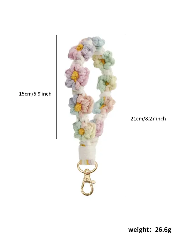 Boho Style Colorful Flower Rope Braided Keychain, Fashionable Crochet Wristlet Keychain for Women & Men, Cute Kawaii Accessories for Women 5