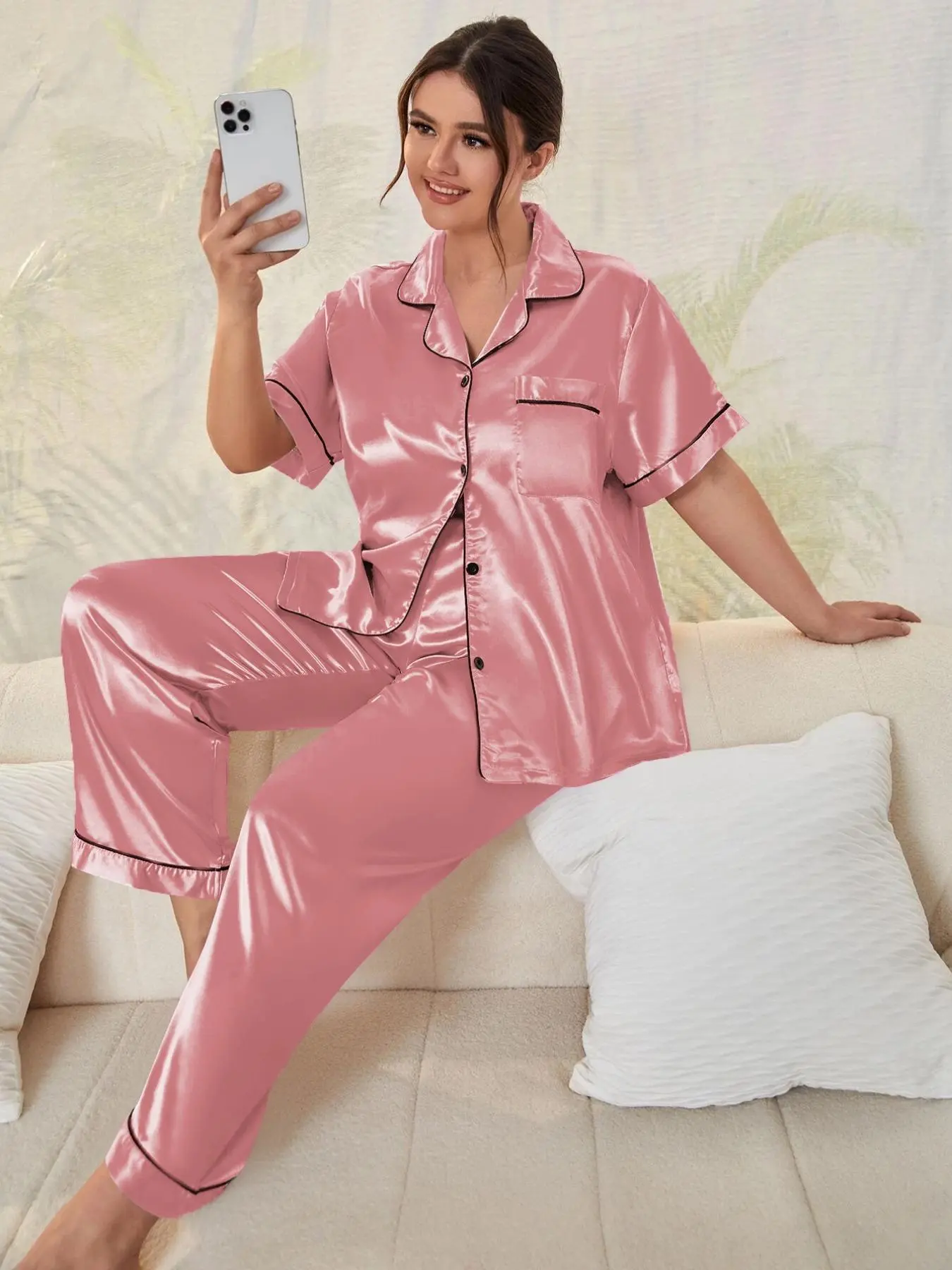 Plus Size Collared Button Front Satin Pyjama Set, Short Sleeve Pocket Top & Trousers PJ Set, Women's Two-Piece Sleepwear Set for Summer, Pajamas