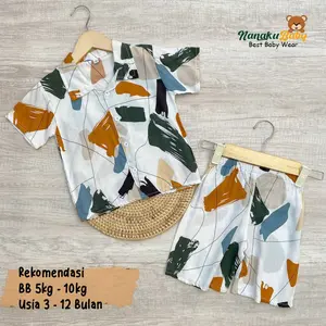 Nanaku Baby - S M L XL One Set Setelan Anak Rayon Lengan Pendek Motif Salur Usia 3 Bulan Sampai 5 Tahun Kemeja Stylish