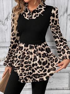 Blusa de manga obispo con estampado de leopardo y bloque de color, frente con botones, elegante top con cuello de manga larga para primavera y otoño, ropa de mujer para uso diario