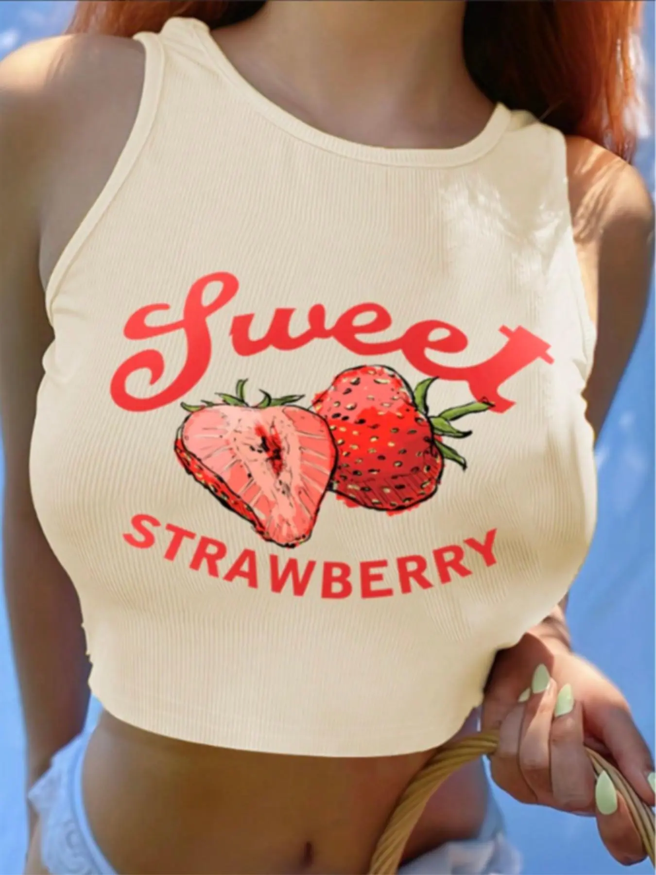 Women's Strawberry & Letter Print Crop Tank Top, Casual Sleeveless Cropped Top for Summer, Fashion Women's Top for Daily Wear